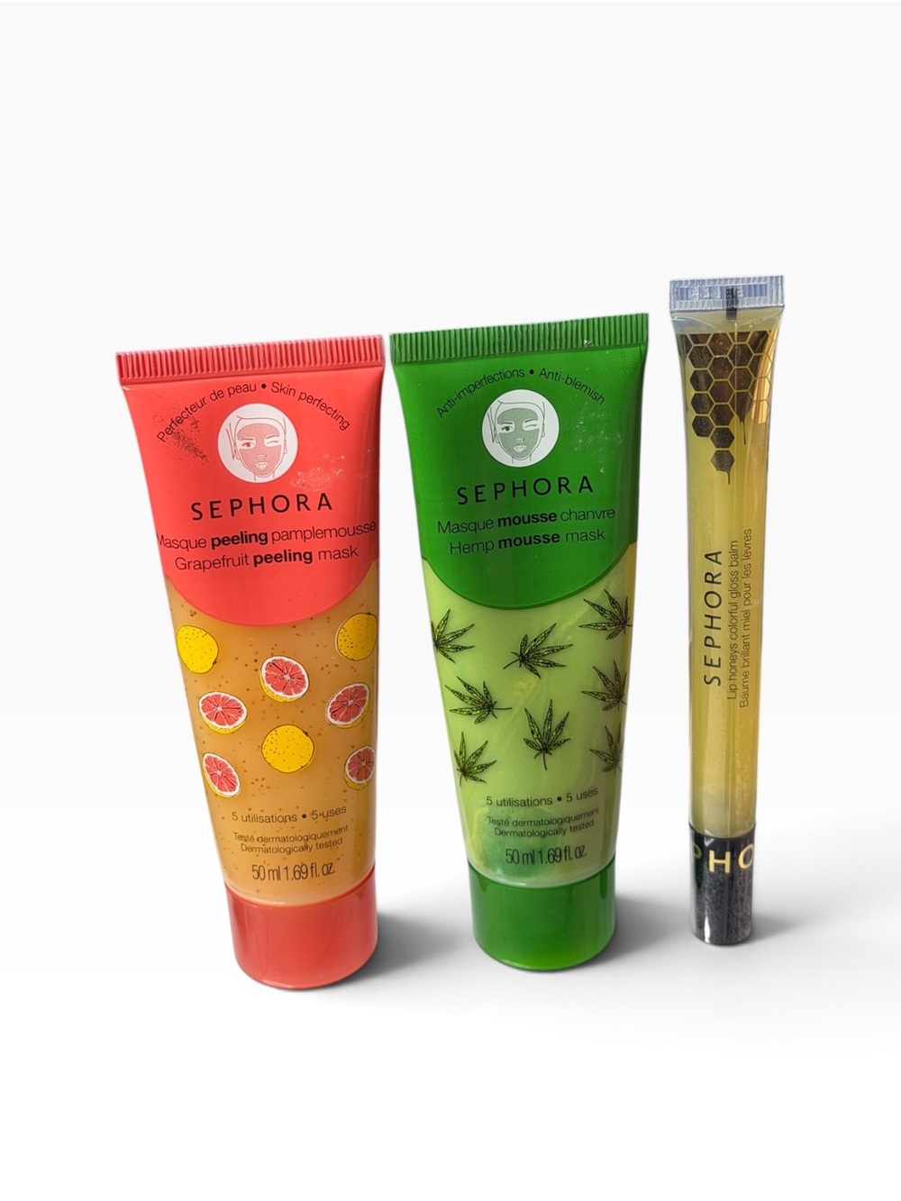 Sephora Red Grapefruit, Green Hemp Face Masks and Gold Lip Serum Trio